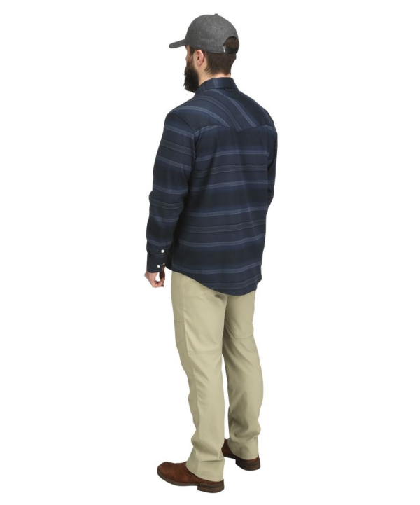 Simms Gallatin Flannel Shirt Admiral Blue Stripe Model Back Simms Gallatin Flannel Shirt Admiral Blue Stripe Model Back